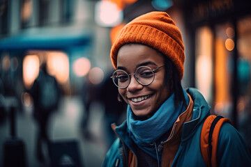 Young smiling Afro American girl with orange hat in city  street - Ai generative