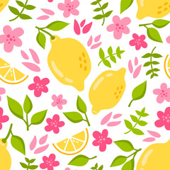 Summer seamless pattern with lemon, lemon slice, pink flowers and leaves in flat style.