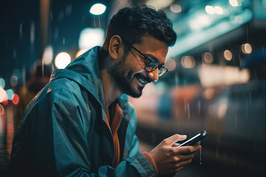 Young smiling middle Eastern man with uses smartphone on the street under the rain - Ai generative