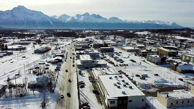 4k 30fps aerial video of the  downtown Palmer Alaska in the winter