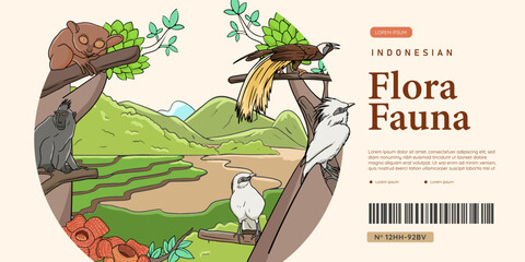Zoo banner design with indonesian flora fauna hand drawn illustration