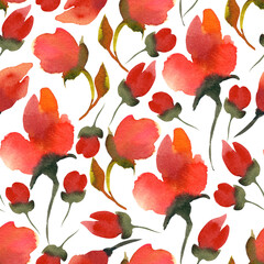 Stylized flowers and leaves in a seamless watercolor pattern on a light background. Fabric, texture, background for bed linen, wallpapers, napkins, wrapping paper. Endless botanical ornament.