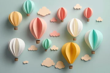 Papier Peint photo Lavable Montgolfière Paper hot air balloons on color background. Generative AI