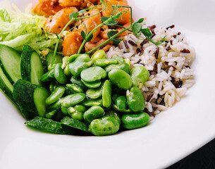 Hawaiian salmon poke salad with rice closeup