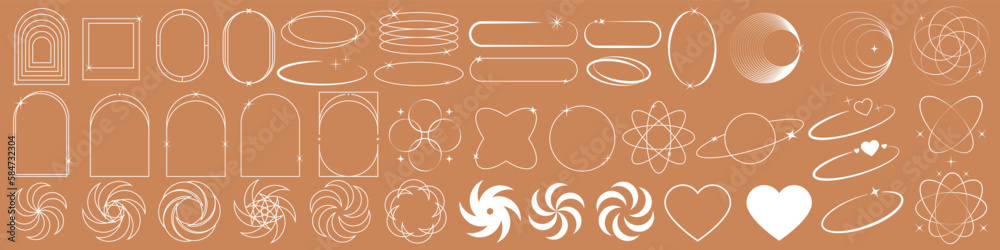 Poster Modern minimalist aesthetic linear frames. Retro stars, starburst icons and minimalist frames and borders with twinkle star. Oval frame figures with sparkles. Vector illustration EPS 10
