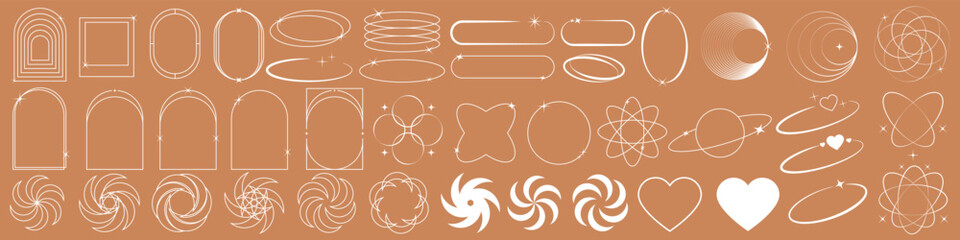 Modern minimalist aesthetic linear frames. Retro stars, starburst icons and minimalist frames and borders with twinkle star. Oval frame figures with sparkles. Vector illustration EPS 10