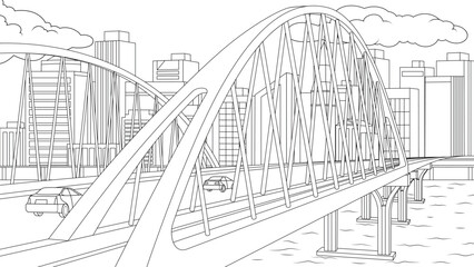 Vector illustration, modern bridge across the strait, book coloring