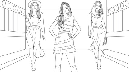 Vector illustration, beautiful girls walk the runway, fashion show.