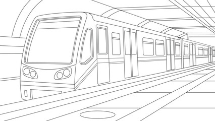 Vector illustration, underground metro station with train, book coloring