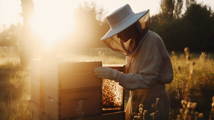 Female beekeeper collecting honey from her hive, Generative AI