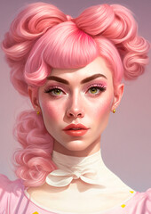 Ai generated close-up portrait  of a beautiful girl with pink hair and makeup