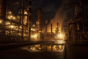 Fototapeta na wymiar Photo of a factory at night with a reflective body of water in the foreground. Generative AI