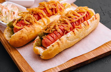 Delicious Gourmet Grilled Hot Dogs With Mustard, Pickles, Onion