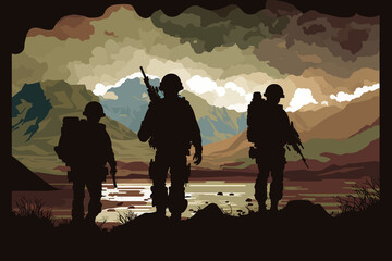 Silhouette of soldiers on patrol in the mountains. Vector abstract. Generative AI technology.