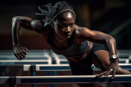 African American young woman athlete doing 110 metres hurdles training. Generative AI