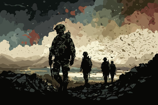 Silhouette of soldiers on patrol in the mountains. Vector abstract. Generative AI technology.