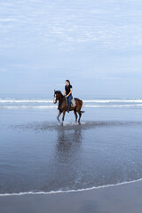 Obraz na płótnie Canvas Young woman riding a horse on the beach at the ocean.