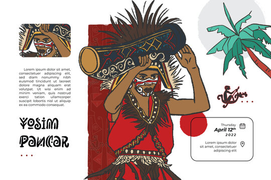 papuanese yosim pancar dance illustration for social media post hand drawn indonesian cultures background