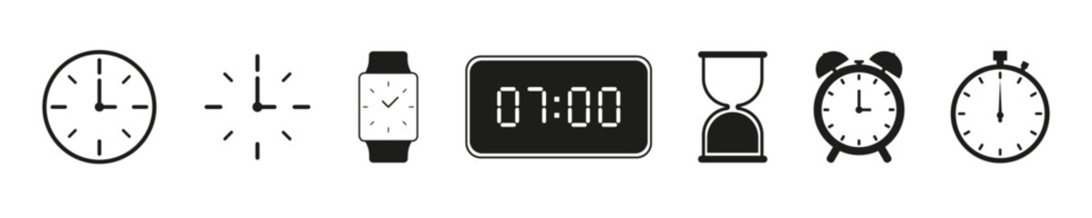 Clock icon vector set.  Timer, alarm, schedule, hourglass, clock icons. Stopwatch symbol. Vector illustration. 