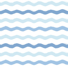 Seamless Wave Pattern, Hand drawn water sea vector background. Wavy beach print, curly grunge paint lines, watercolor stripes