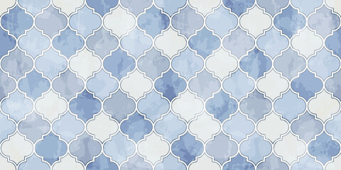 Moroccan Seamless Pattern. Arabic Mosaic Watercolor Ornament. Eid Mubarak Muslim Background. Ramadan Kareem Islamic Illustration. Turkish Mosque Window Shape. - obrazy, fototapety, plakaty