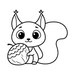 Squirrel with Nuts Coloring Page Cartoon Vector Illustration