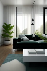 Green sofa with modern interior with plants.