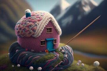 knitting art house cute kids garden, clouds, mountain, hill