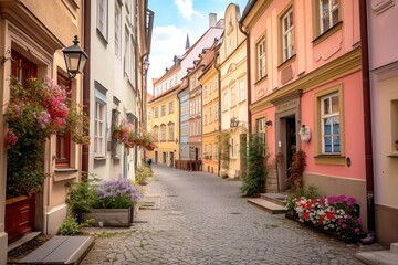 Fototapeta na wymiar Colorful cobblestone street in a historical European street. Generative AI