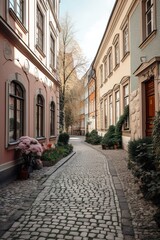 Fototapeta na wymiar Picturesque vintage cobblestone street in Europe. Generative AI vertical shot
