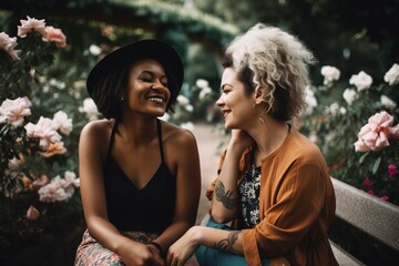 Obraz premium Lesbian couple enjoy spring in a bench public park. Generative AI