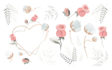 Watercolor elements - decorations for wedding invitations. Set watercolor elements, collection  watercolor brushes. 