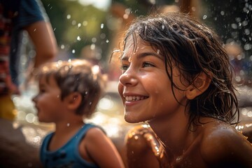Kids enjoying at waterpark for summer vacations. Generative AI - obrazy, fototapety, plakaty