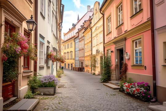 Colorful cobblestone street in a historical European street. Generative AI