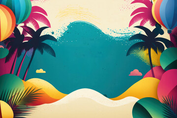 Summer background with palms, colorful beach party flyer or poster template. Generative AI - obrazy, fototapety, plakaty