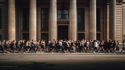 Bank run in major city, large crowd running towards a bank to claim deposits, concept of financial crisis and recession. Generative ai.
