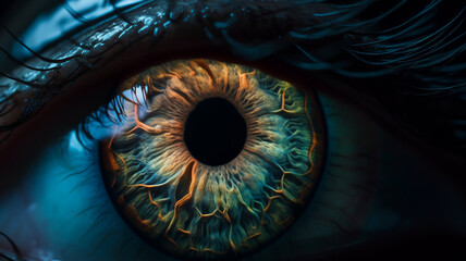Close up shot of an colorful bioluminoscent eye.