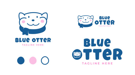 Blue Otter Abstract Vector Sign, Emblem Logo Template. Cute Little Funny Otter Animal Face with Scarf and Playful Typography. Different Layout Versions Isolated