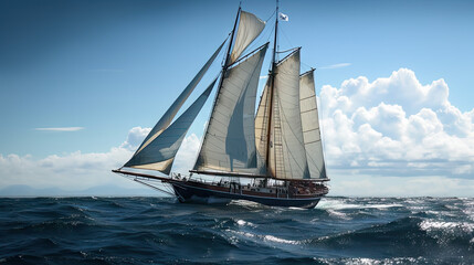 Fototapeta na wymiar Generative AI Illustration of a Sailing Yacht on Ocean Waters.
