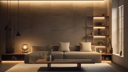 Modern styllsh living room with interior lights, with empty space for copy text. 
