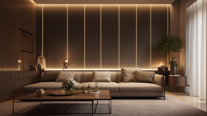 Modern styllsh living room with interior lights, with empty space for copy text. 