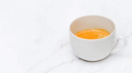 Banner. Cup of coffee latte on marble table. Copy space