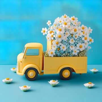 Yellow paper truck toy loaded with white spring flowers on blue background bouquet camille white plateau with blue painted wall background transport shop business car fragrant  Generative AI 