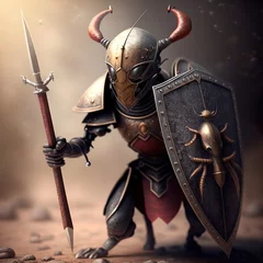 Fotobehang ant warrior with shield and sword, unrealistic, fantasy,hero with tentacles war alone strong red dressed in armor history knight middle age helmet brutal solider mercenary animal Generative AI  © Gerg