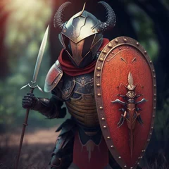 Fotobehang ant warrior with shield and sword unrealistic, fantasy hero with tentacles war alone strong red dressed in armor history knight middle age helmet brutal solider mercenary animal pattern Generative AI  © Gerg