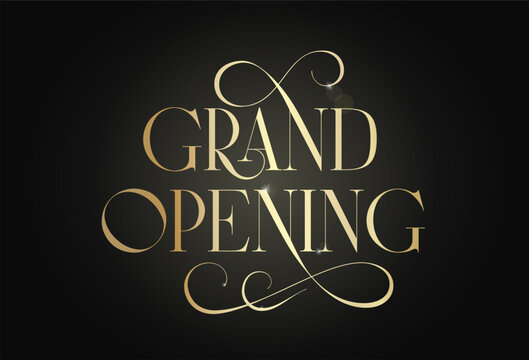 Grand Opening Vector Advertising Template. Promo Lettering Background Scene With Golden Classic Color Social Media Poster Card Mockup Inscription Banner