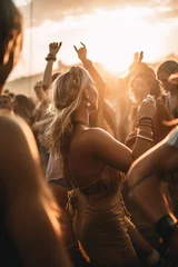 Deurstickers Hippie summer festival at sunset. People dancing and having fun. Generative AI vertical shot © Pajaros Volando