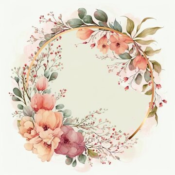 Circle Frame with Pink Watercolor Flowers. Elegant with white background wreath decorative pattern ring crown hair band pink branch bouquet peach blossom green leaves Generative AI