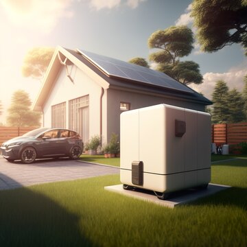 Concept of a home battery energy storage located in a garage with a sunny background with lawn car, family house and big city. solar panel cell renewable power green grass on the roof  Generative AI 