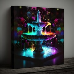 fountain with colorful lights flower pattern neon in dark night waterfall water in the city bright wow beautiful amazing art petals Generative AI 